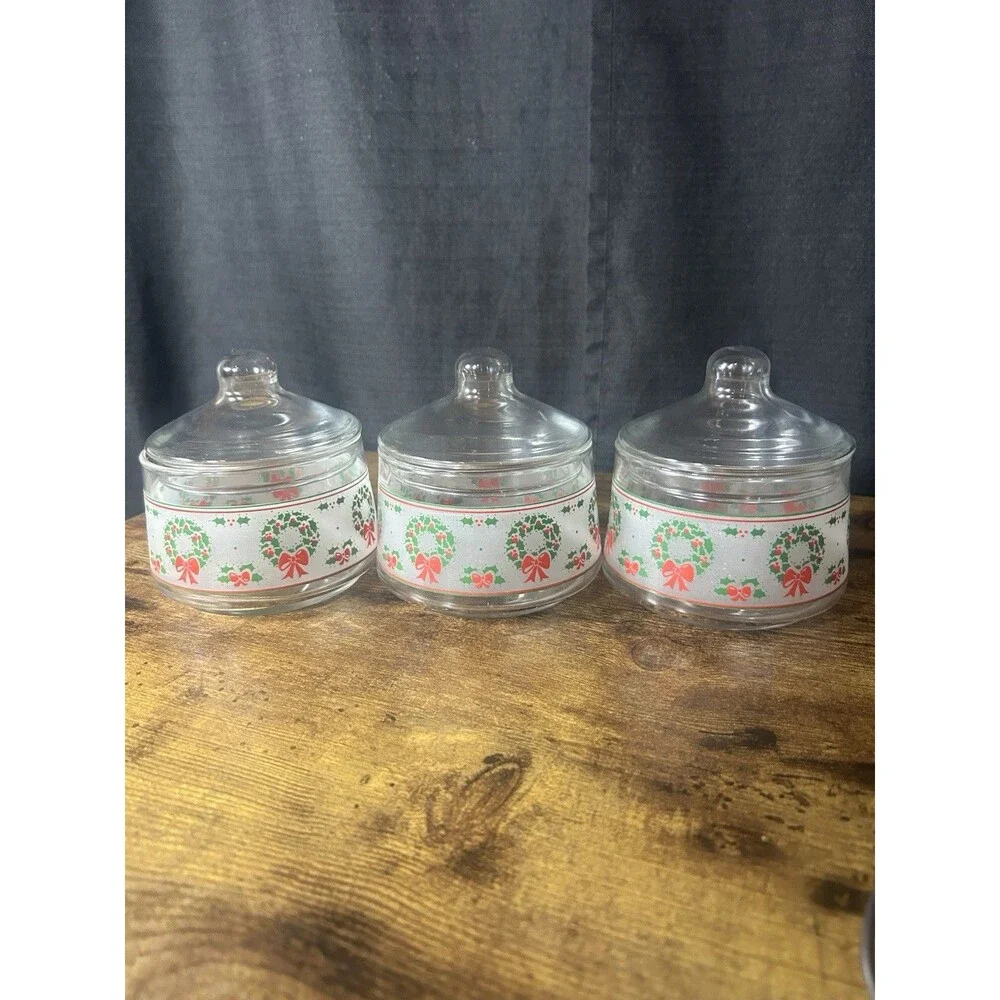 3 Indiana Glass Christmas Gift Jar Candy Nut Clear Glass Lid Wreath Holly Berry
